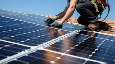 Ein Mann bearbeitet eine Solaranlage auf einem Dach